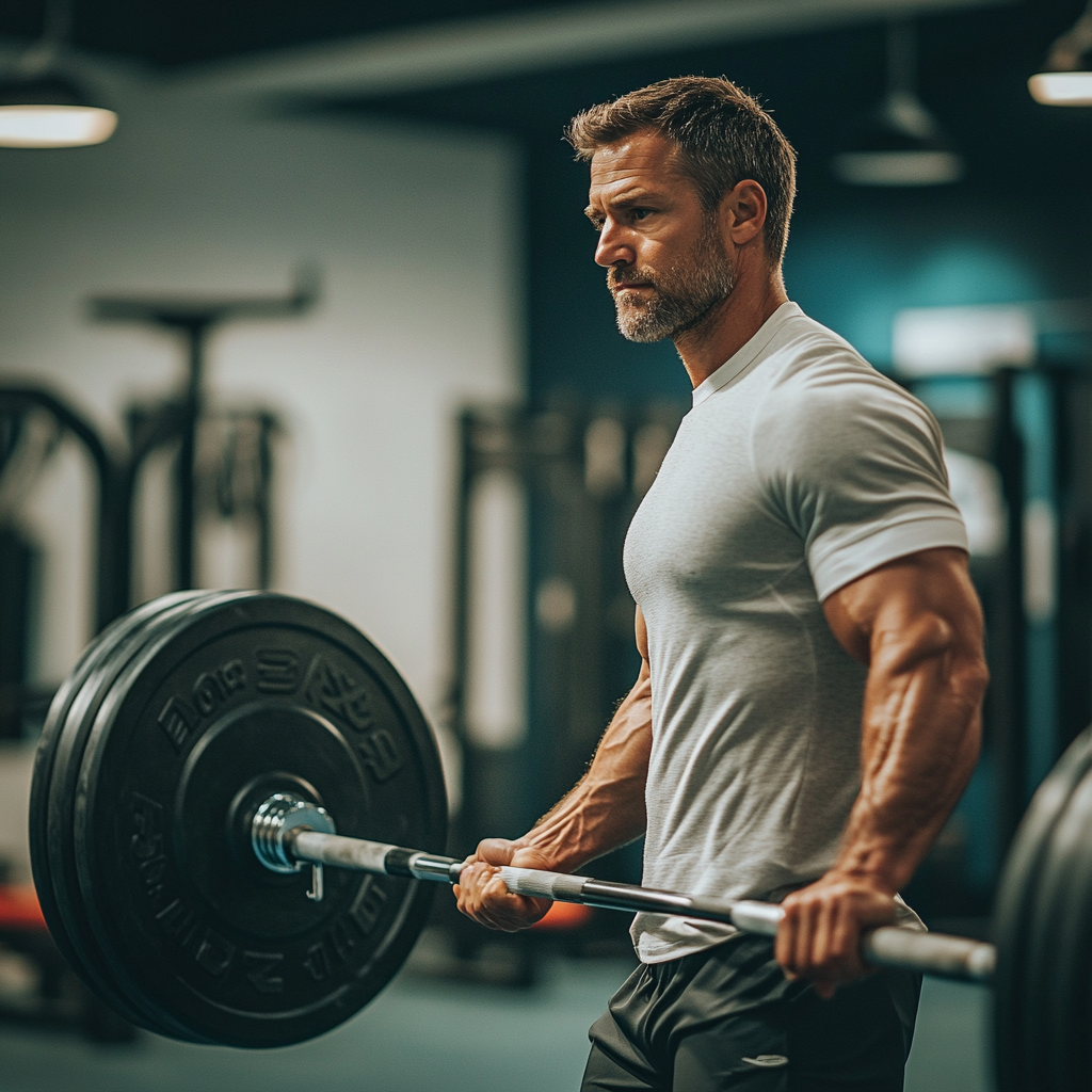 Чоловік виконує силові вправи зі штангою в тренажерному залі