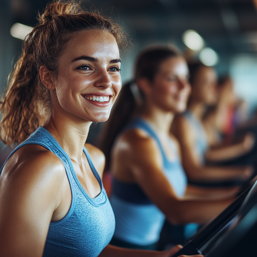 Група людей займається кардіо тренуванням на біговій доріжці